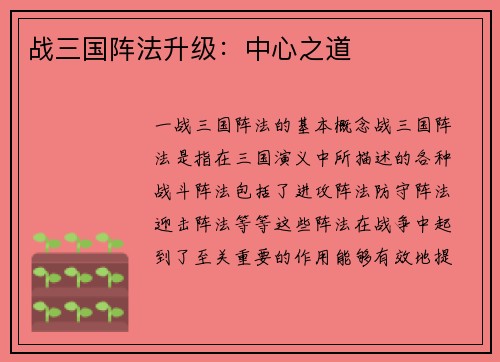 战三国阵法升级：中心之道