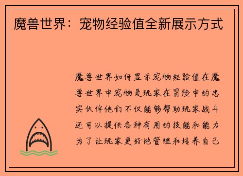 魔兽世界：宠物经验值全新展示方式